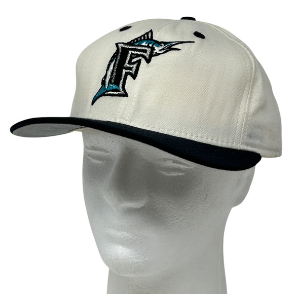 Vintage 90s Florida Marlins Hat Baseball Cap Fitted 7 3/4 White New Era USA Made - Picture 1 of 15